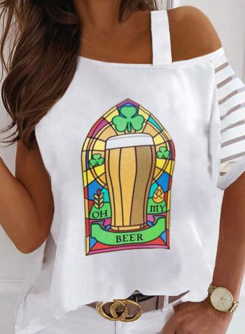 Women's St Patrick's Day T-shirts Oh My Beer Shamrock Print Short Sleeve Asymmetrical Cold Shoulder T-shirt