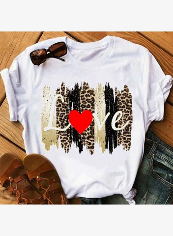 Women's T-shirts Letter Lover Print Color Block Round Neck Short Sleeve T-shirt