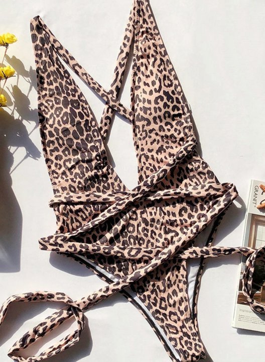 Women's One-Piece Swimsuits One-Piece Bathing Suits Leopard V Neck Casual Twisted One-Piece Swimsuit