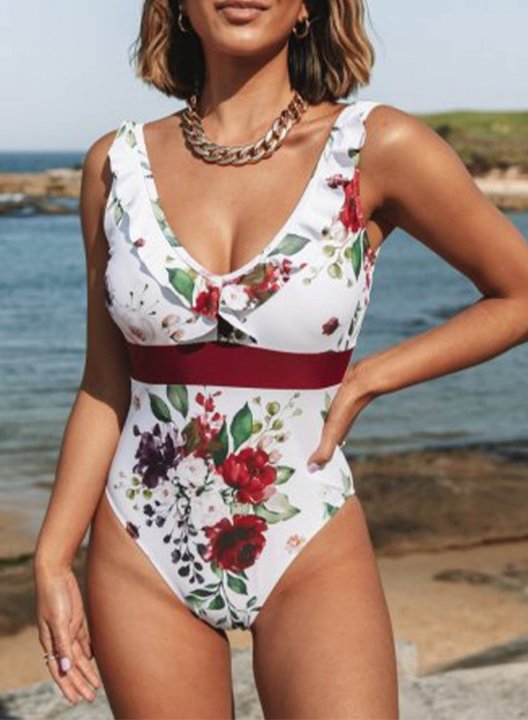 Women's One Piece Swimwear Ruffle Color Block Floral V Neck One-Piece Swimsuit