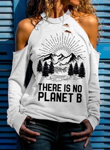 Women's there is no planet b Letter Sweatshirt Off-shoulder Color Block Round Neck Long Sleeve Daily T-shirts