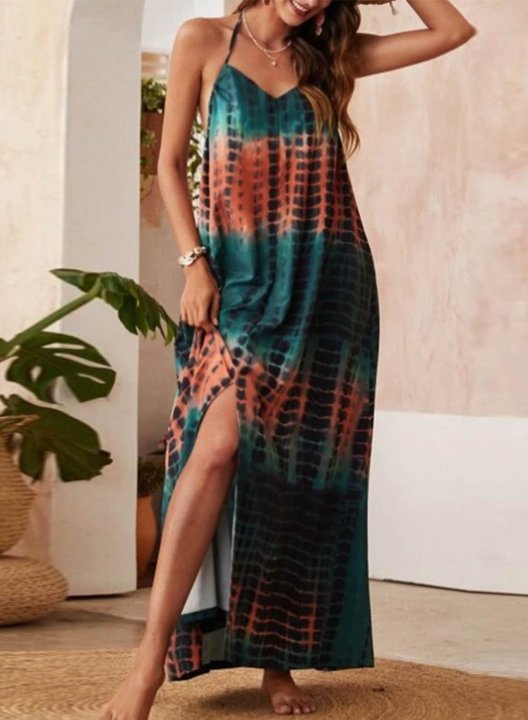 Women's Maxi Dress Multicolor A-line Halter Sleeveless Split Casual Vacation Beach Maxi Dress