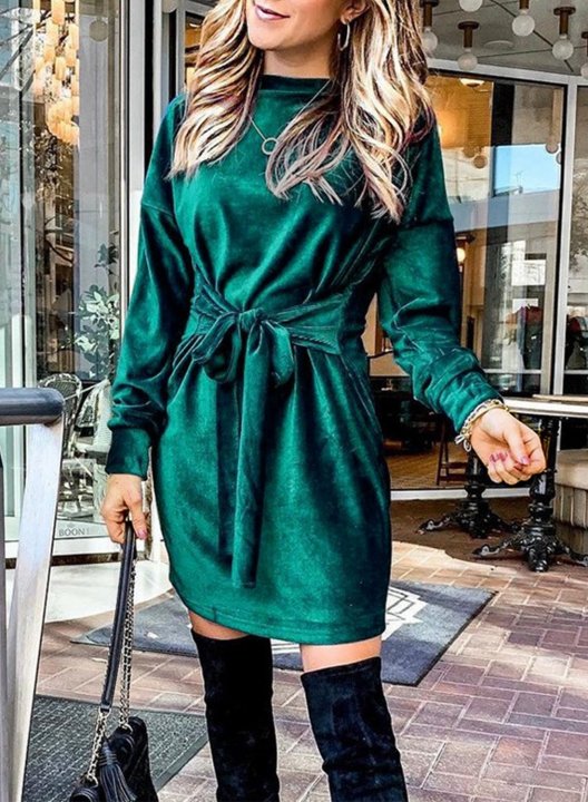 Women's Velvet Dress Tie Waist Round Neck Long Sleeve Belt Solid Date Fall/Winter Mini Dress