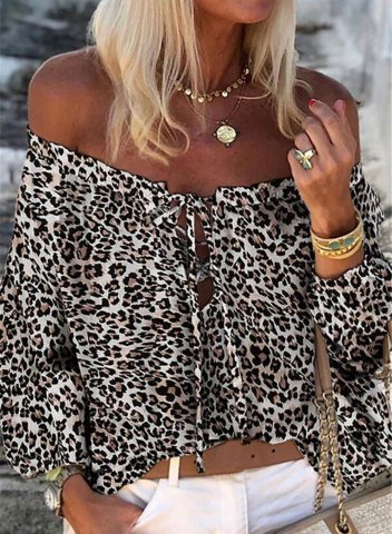 Women's Shirts Leopard Long Sleeve Off Shoulder Drawstring Daily Casual Shirt