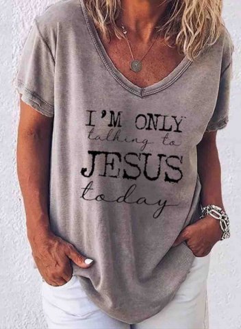 Women's T-shirts Letter I'm Only Talking To Jesus Today Short Sleeve V Neck Daily Casual T-shirt