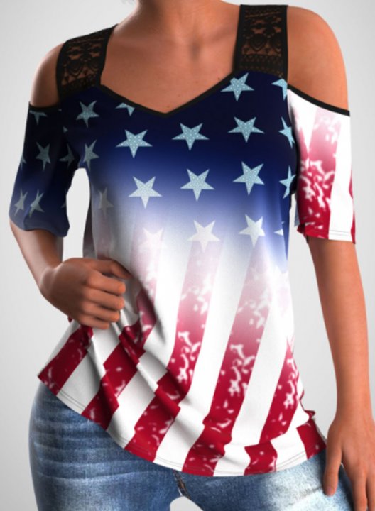 Women's T-shirts American Flag Print Lace Spaghetti Short Sleeve V Neck Daily T-shirt