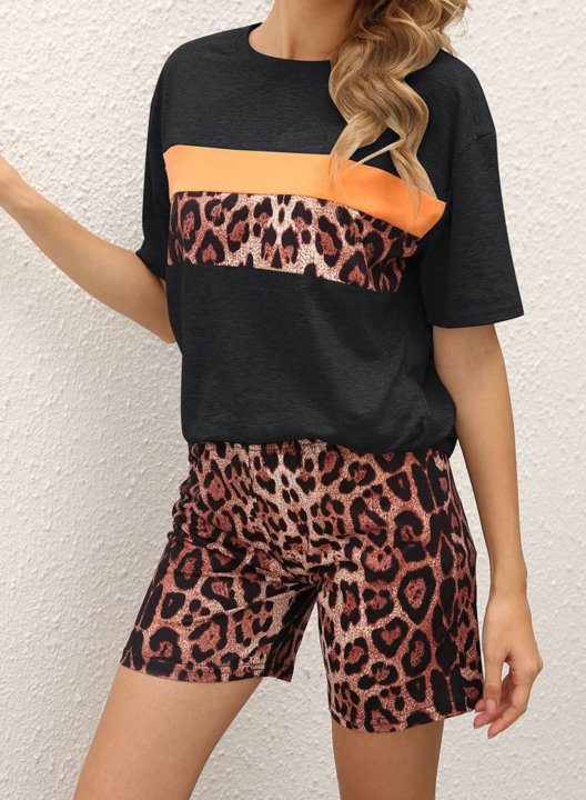 Women's Loungewear Sets Leopard Short Sleeve Round Neck Pencil Short Casual Summer Loungewear Sets