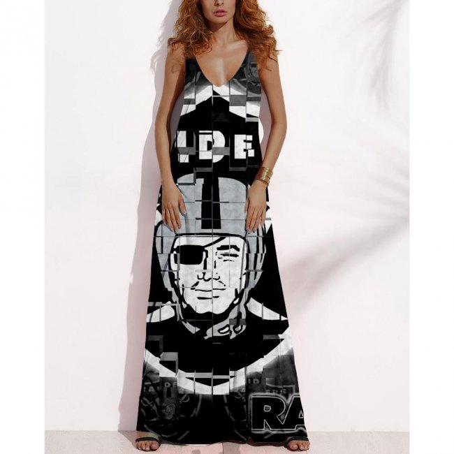 Women's Summer LAS VEGAS RAIDERS Fan Print V-neck Sleeveless Loose Long A-line Dress