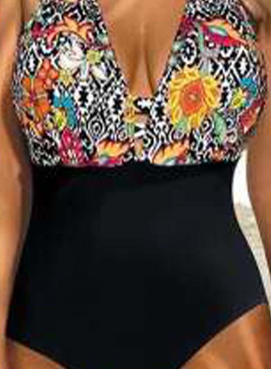 Women's One Piece Swimwear Floral V Neck Vacation Boho One-Piece Swimsuits One-Piece Bathing Suits