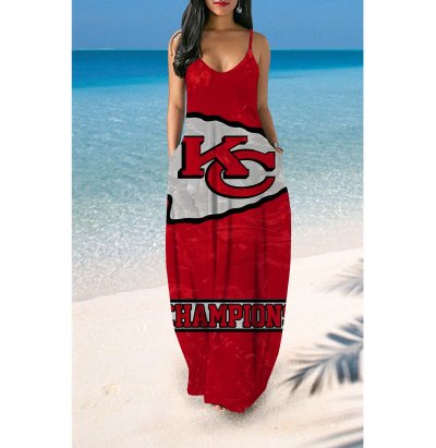 V-neck Kansas City Chiefs Print Sleeveless Sling Long Loose Dress