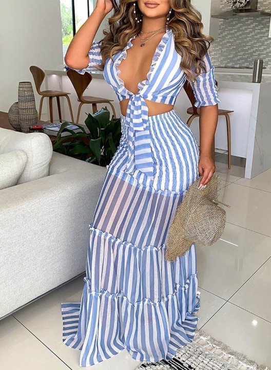 Women's Skirts Sets Striped Color Block Half Sleeve Cropped V Neck Flare Maxi 2-piece Skirts Set