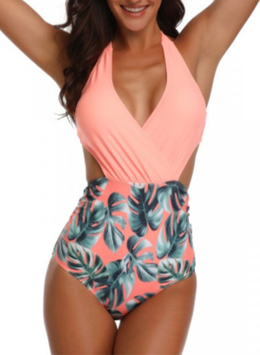 Women's One Piece Swimwear Fruits & Plants V Neck Knot Boho One-Piece Swimsuits One-Piece Bathing Suits