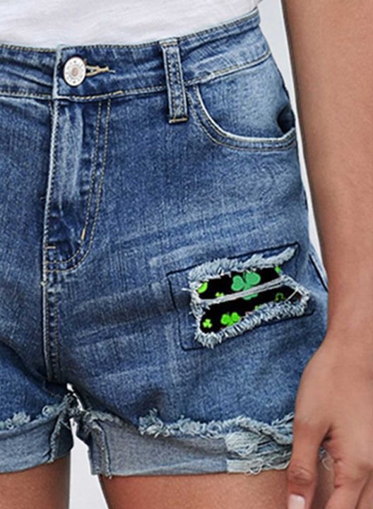 Women's Jeans Pocket Cut-out Slim Clover-print Mid Waist Daily Short Jeans