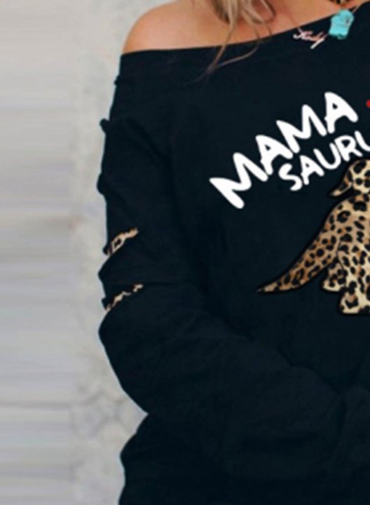 Women's Sweatshirt Mama Saurus Print Letter Long Sleeve Cold Shoulder Cut-out Pullover