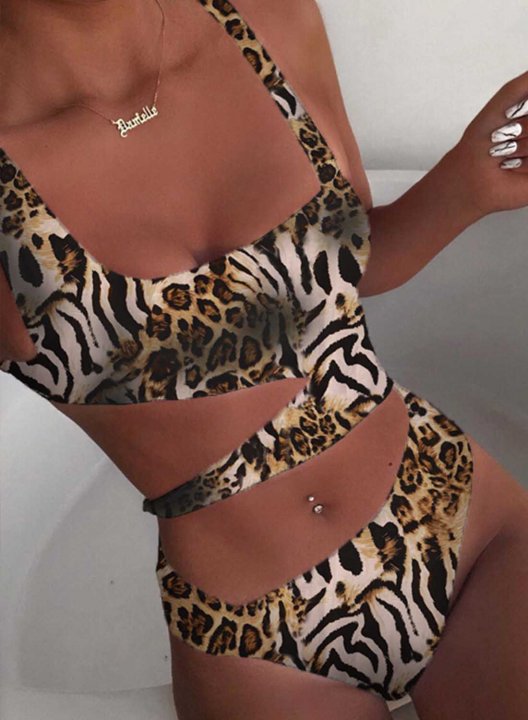 Women's One-Piece Swimsuits One-Piece Bathing Suits Leopard Open Back Cut Out Asymmetric Swimsuits