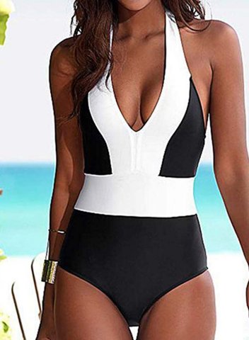 Women's One-Piece Swimsuits One-Piece Bathing Suits Color Block Halter Casual One-Piece Swimsuit