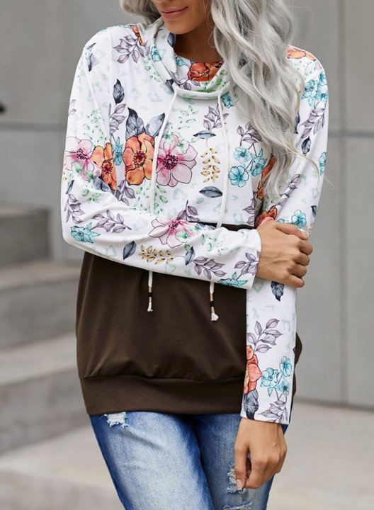 Color Block Long Sleeve High Neck Floral Sweatshirt