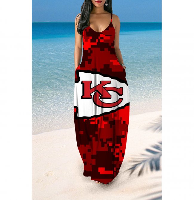 V-neck Kansas City Chiefs Print Sleeveless Sling Long Loose Dress