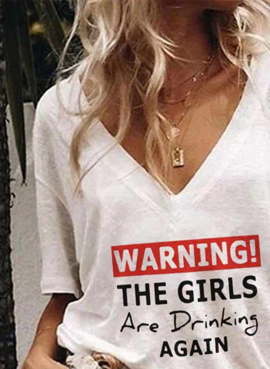 Women's Warning The Girls Are Drinking Again T-shirts Casual Letter Solid V Neck Short Sleeve Daily T-shirts