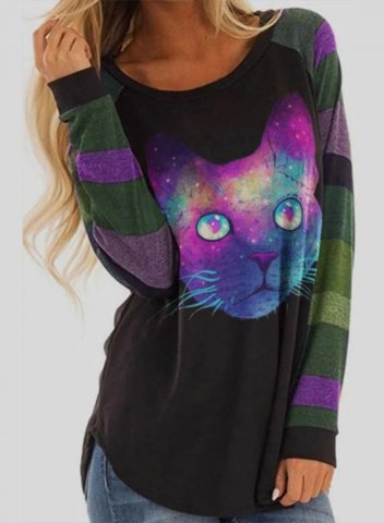 Women's Sweatshirts Round Neck Long Sleeve Color Block Cat Casual Daily Tunics