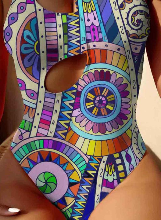 Women's One-Piece Swimsuits One-Piece Bathing Suits Cut Out Boho Multicolor Tribal Round Neck One-Piece Swimsuit