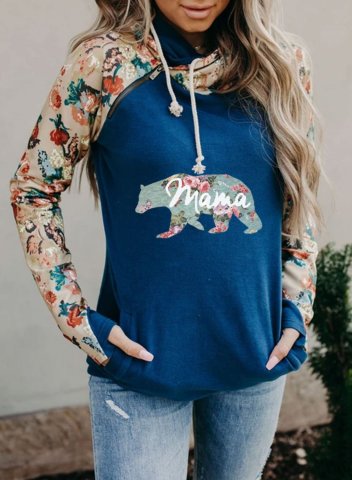 Women's Mama Bear Hoodies Drawstring Long Sleeve Floral Solid Hoodies With Pockets