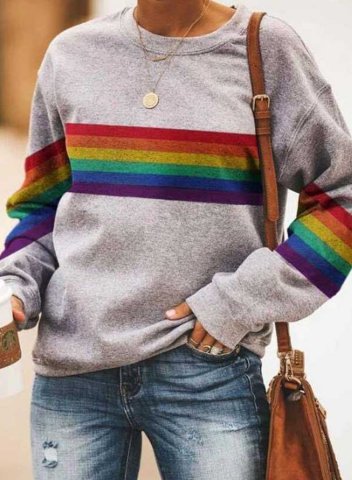 Women's Sweatshirts Rainbow Striped Long Sleeve Round Neck Casual Sweatshirt