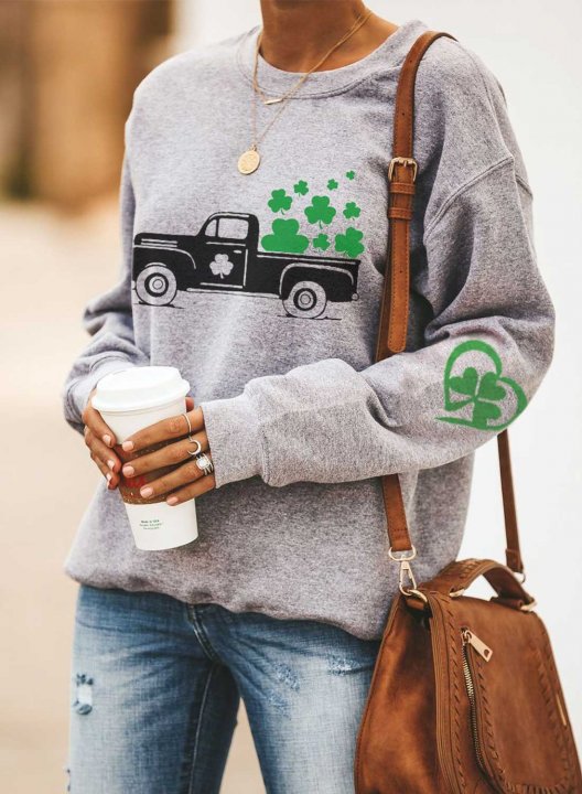 Women's St.Patrick's Day Sweatshirt Shamrock Print Long Sleeve Round Neck Casual Sweatshirt