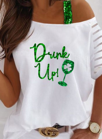 Women's St Patrick's Day T-shirts Drink up Wineglass Print Sequin Short Sleeve Off Shoulder Daily T-shirt