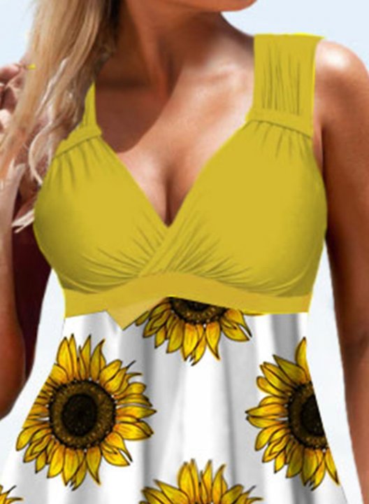 Women's One-Piece Swimsuits One-Piece Bathing Suits Multicolor Sunflower V Neck Casual One-Piece Swimsuits One-Piece Bathing Suits