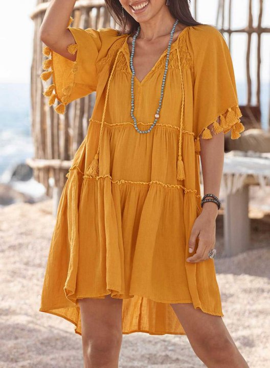 Women's Mini Dresses Fashion Solid Short Sleeve Fit & Flare V Neck Beach Tassels Casual Dress