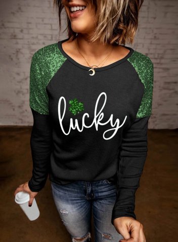 Women's St Patrick's Day Lucky Shamrock T-shirts Color-block Print Long Sleeve Round Neck Daily T-shirt