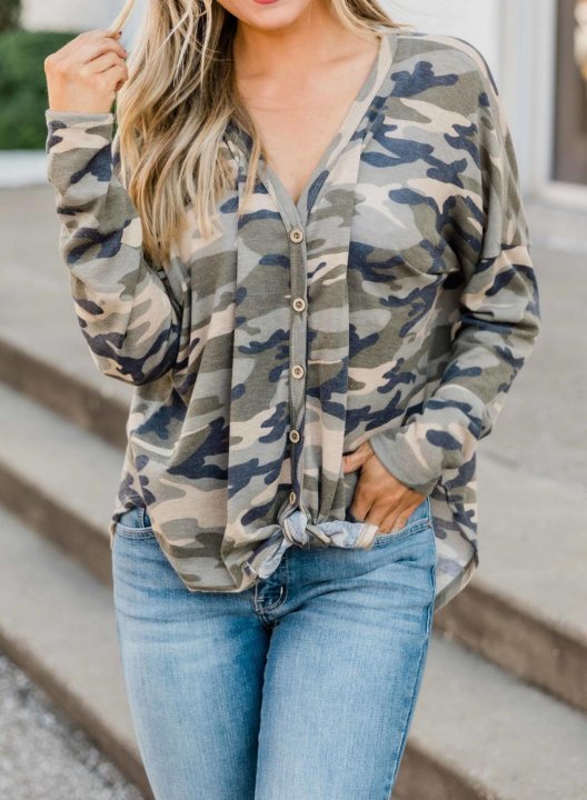 Camo Long Sleeve V Neck Button Sweatshirt