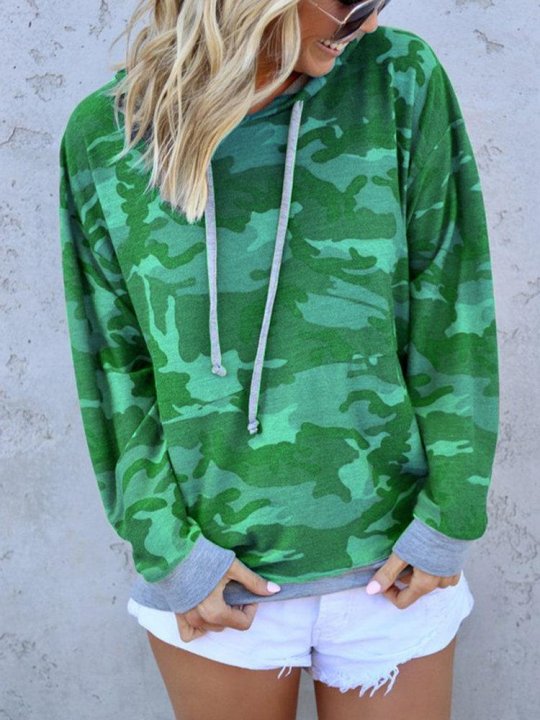 Camouflage Patchwork Long Sleeve Casual Hoodie For Women