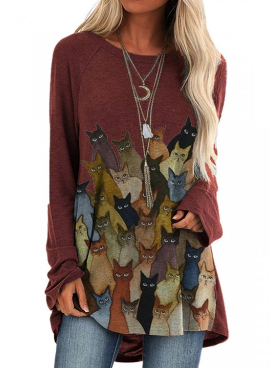 Women's Pullovers Cat Print Long Sleeve Round Neck Casual Tunic Pullover