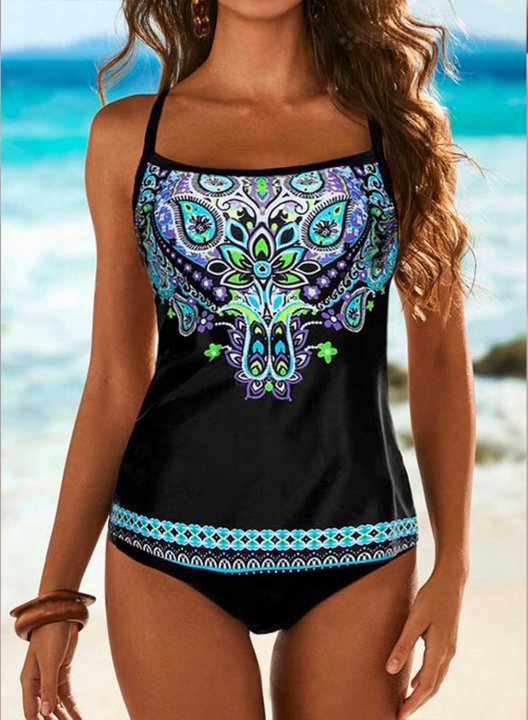 Women's Tankini Set Tribal Padded Mid Waist Square Neck Casual Tankini Set