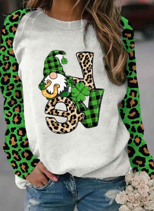 Women's St Patrick's Day Sweatshirts Leopard Plaid Letter Lover Print Long Sleeve Round Neck Sweatshirt