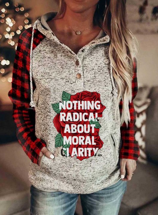 Women's Nothing Radical About Moral Clarity & Rose Print Hoodies Drawstring Long Sleeve Button Floral Plaid Hoodies With Pockets