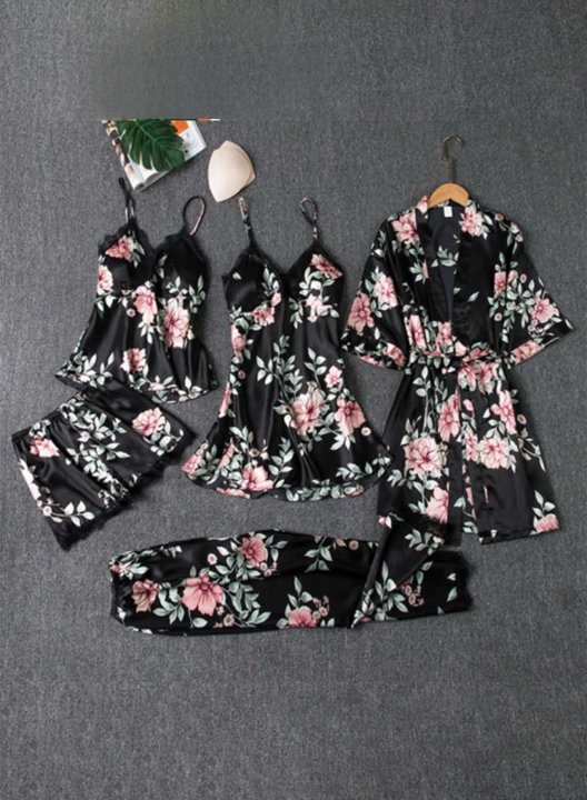 Women's Loungewear Sets Solid Floral Lace 4-Piece Loungewear Set