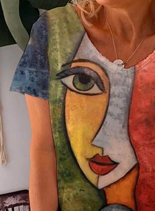 Women's T-shirts Color Block Abstract Face Graphic Print Short Sleeve V Neck Daily T-shirt