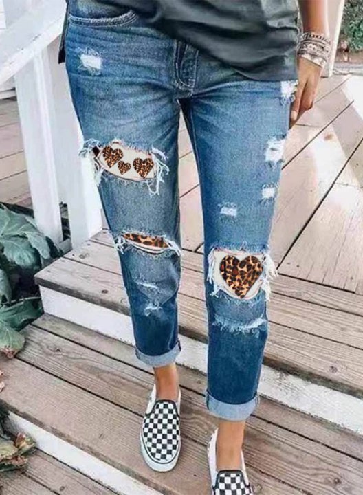 Women's Jeans Slim High Waist Daily Casual Cropped Leopard Patchwork Jeans