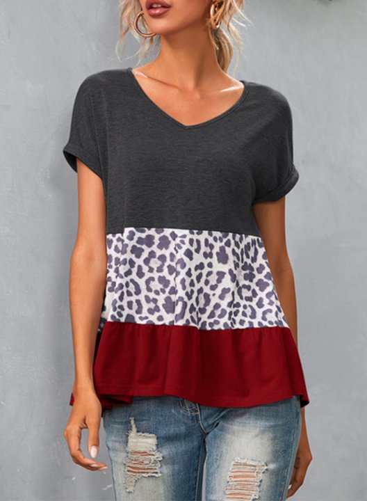 Women's T-shirts Letter Leopard Color Block V Neck Short Sleeve Casual Daily Ruffle T-shirts