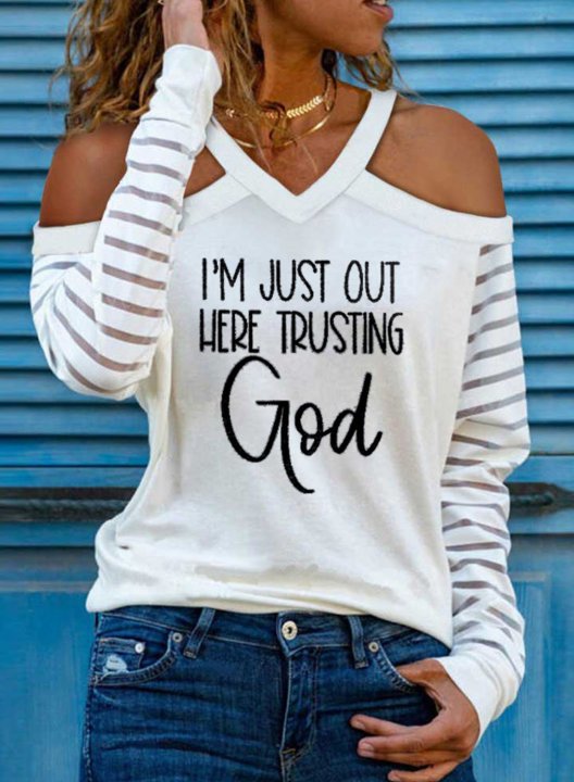 Women's T-shirts Letter Print Long Sleeve V Neck Mesh Sheer Cold Shoulder Daily T-shirt