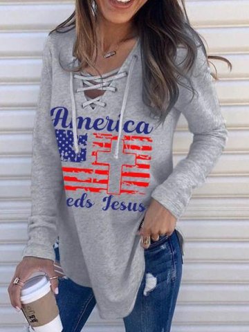 Women's America Needs Jesus Print Lace Up Long Sleeve T-Shirt