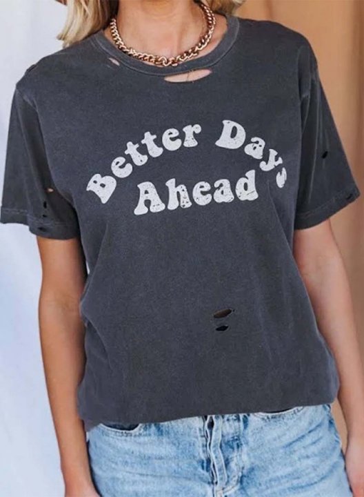 Women's T-shirts Solid Letter Print Short Sleeve Round Neck Cut-out Daily T-shirt