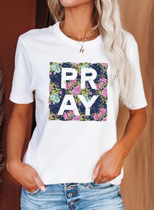 Women's T-shirts Floral Letter Print Short Sleeve Round Neck Daily T-shirt