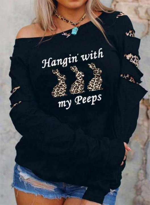 Women's Hangin with my Peeps Sweatshirts Easter Bunny Print Cut-out Off Shoulder Daily Sweatshirts