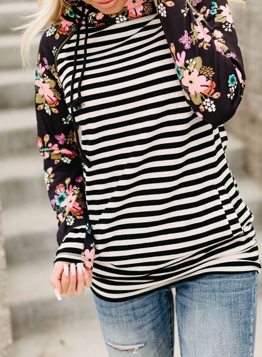 Floral-Print Paneled Striped Pocket Hoodie