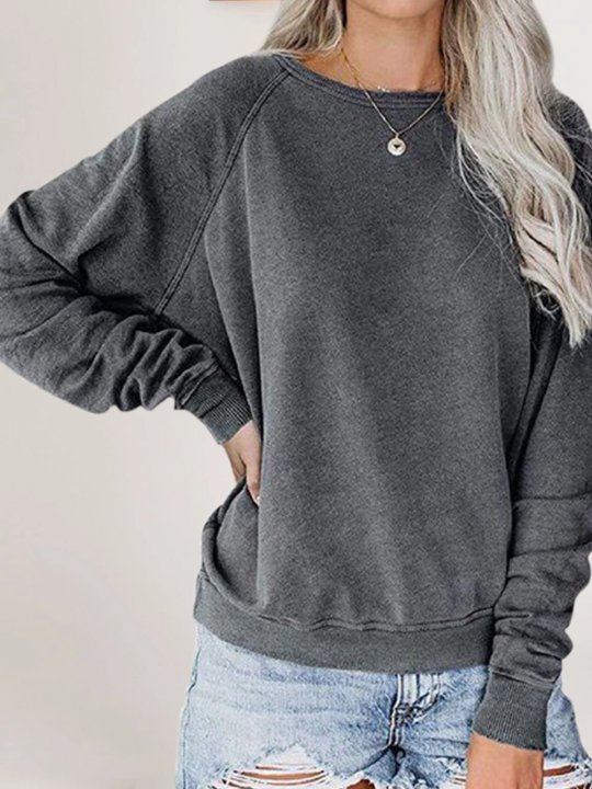 Cotton-Blend Long Sleeve Round Neck Casual Shirts & Tops