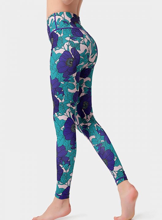 Women's Leggings Slim Floral Fruits & Plants Color Block Mid Waist Full Length Daily Sporty Pants